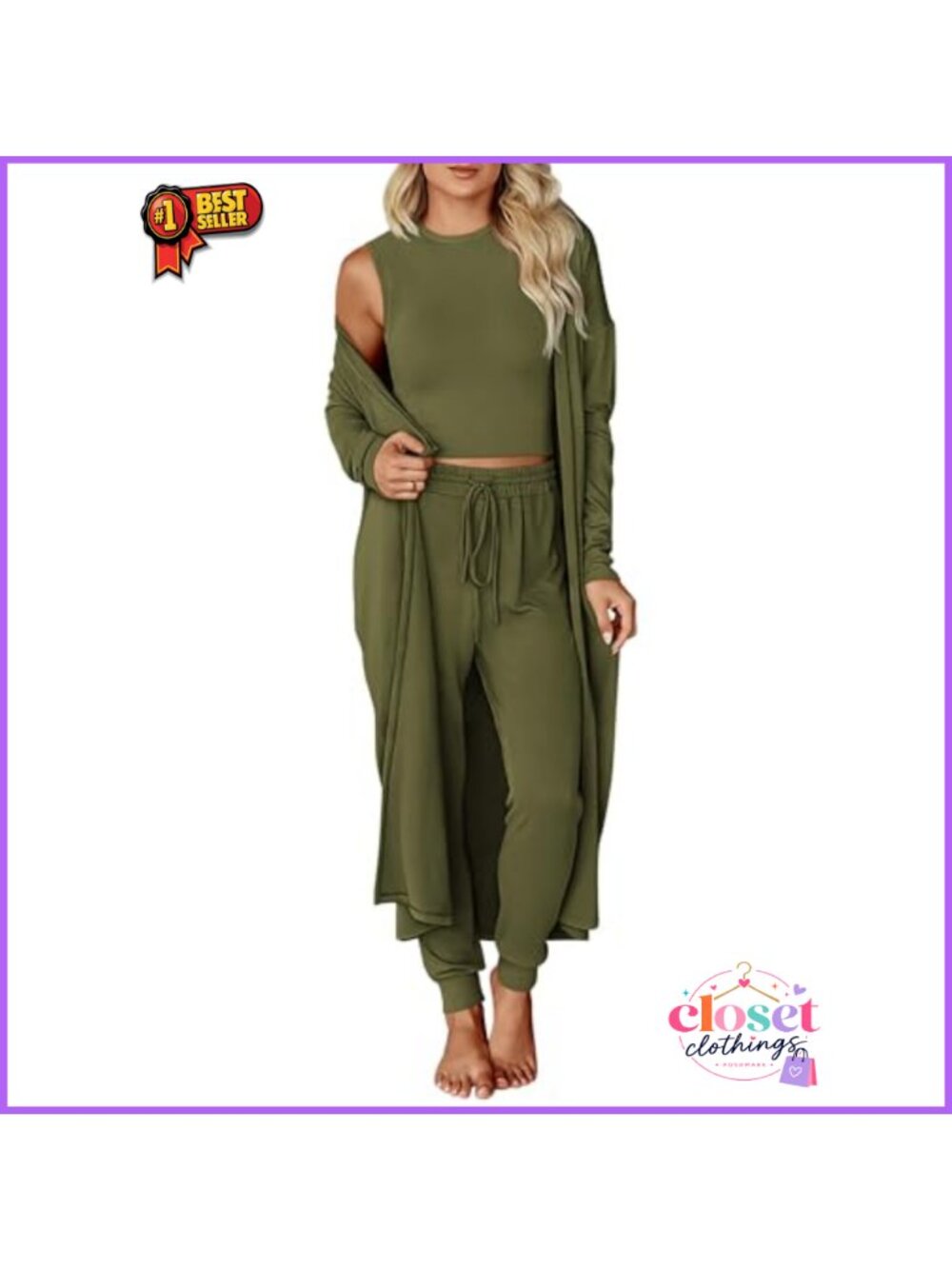 3 Piece Lounge Set Crop Tank Cardigan Jogger Pants Travel Outfit